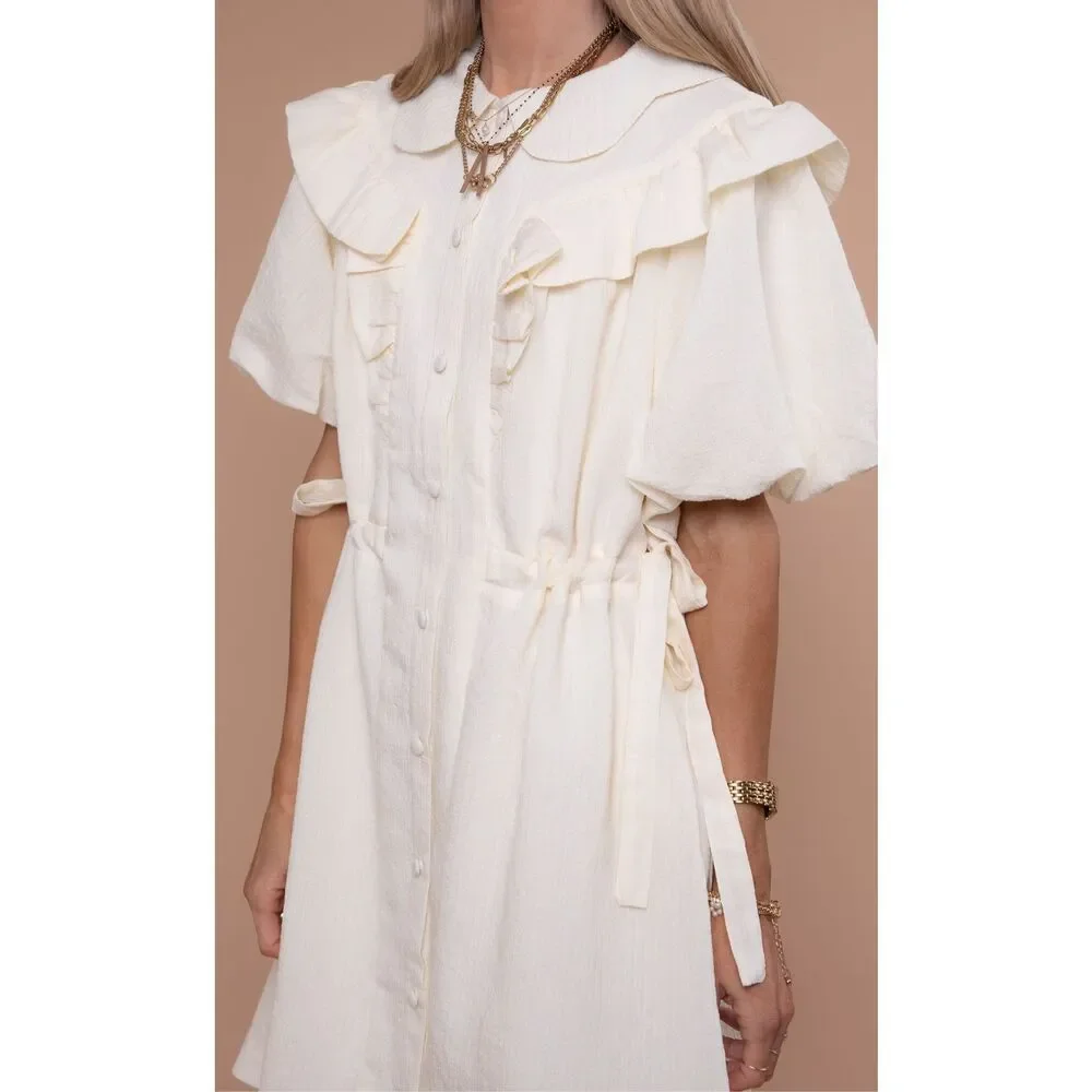 Listicle Women’s Cream Stripe Ruffle Puff Sleeve Dress Sz Lg NEW